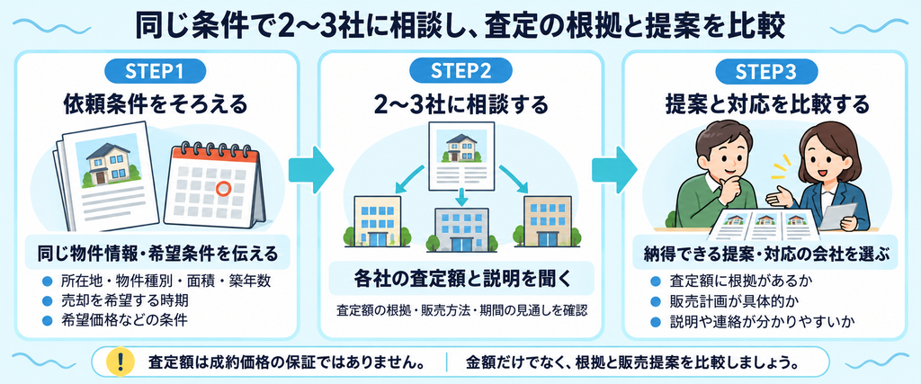 不動産売却で同じ条件を２〜３社に伝え、査定額の根拠や販売提案、担当者の対応を比較して会社を選ぶ３ステップ