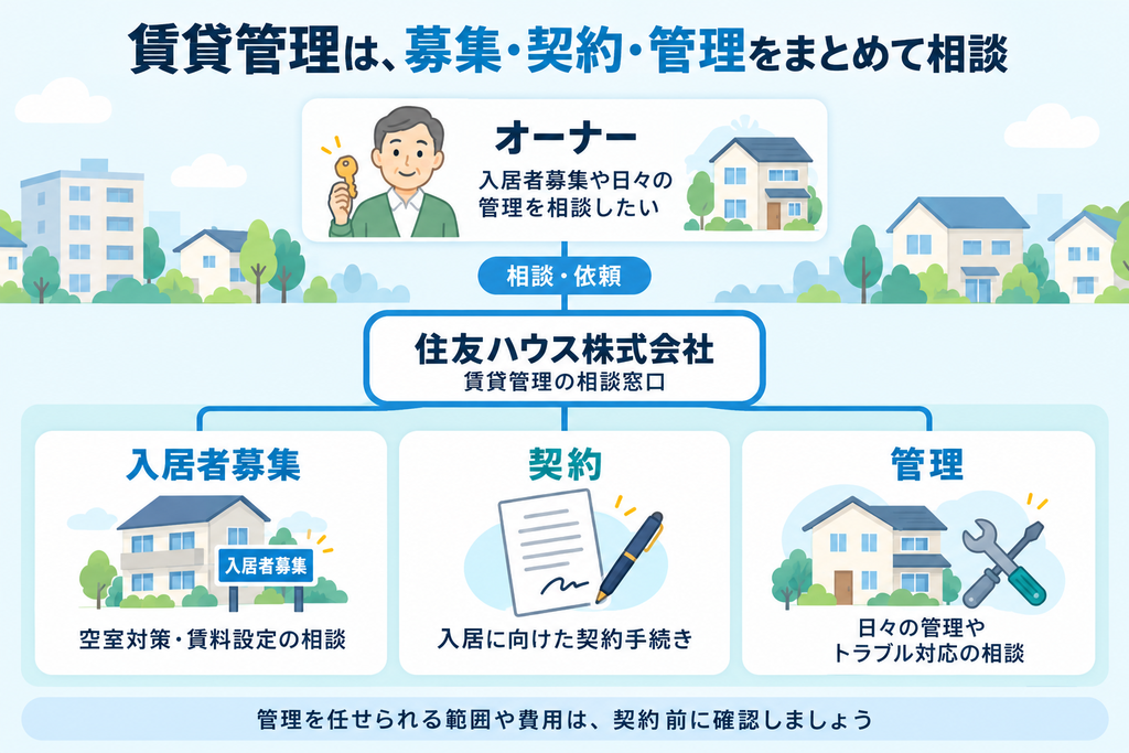 オーナーが住友ハウス株式会社へ相談し、入居者募集・契約・管理の支援を受ける関係と契約前の確認事項を示す図