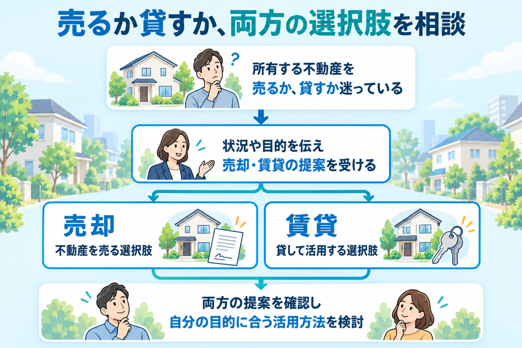 所有する不動産を売るか貸すか迷う相談者が、両方の提案を受け、自分の目的に合う活用方法を検討する関係の図解
