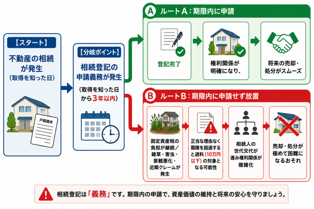 不動産の相続発生後、相続登記を期限内に申請した場合と放置した場合の流れを比較した図