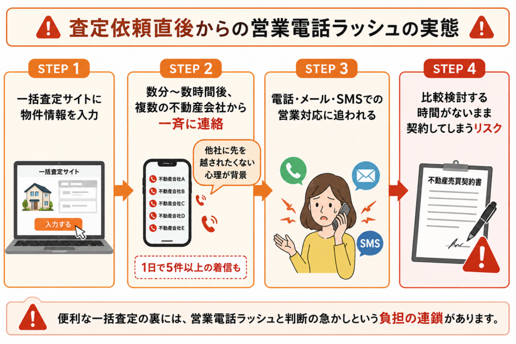 一括査定サイト利用後の営業電話ラッシュを4ステップで示した図