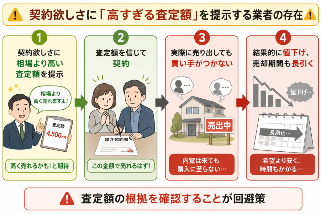 契約獲得を目的に相場より高い査定額を提示された場合の悪循環を4ステップで示した図 