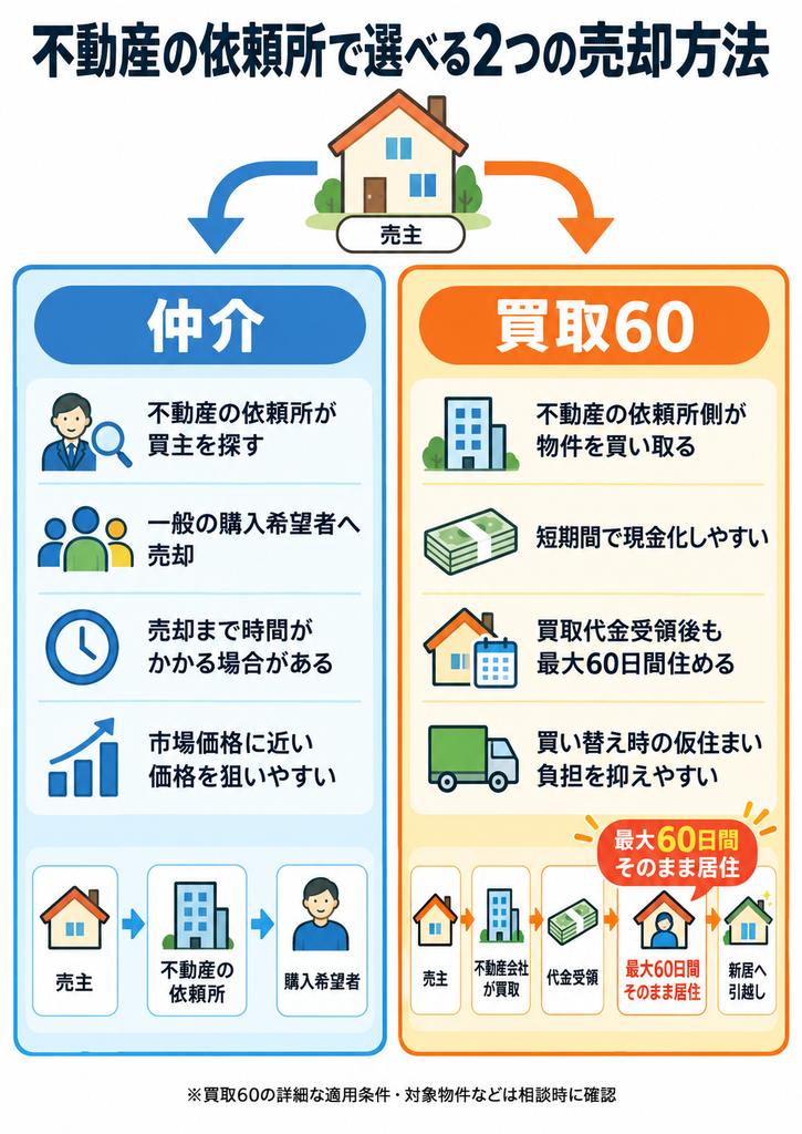 仲介と「買取60」の違いを左右で比較した図。仲介は買主を探して市場価格に近い売却を目指し、買取60は不動産会社が直接買い取り、代金受領後も最大60日間住める流れを示している。