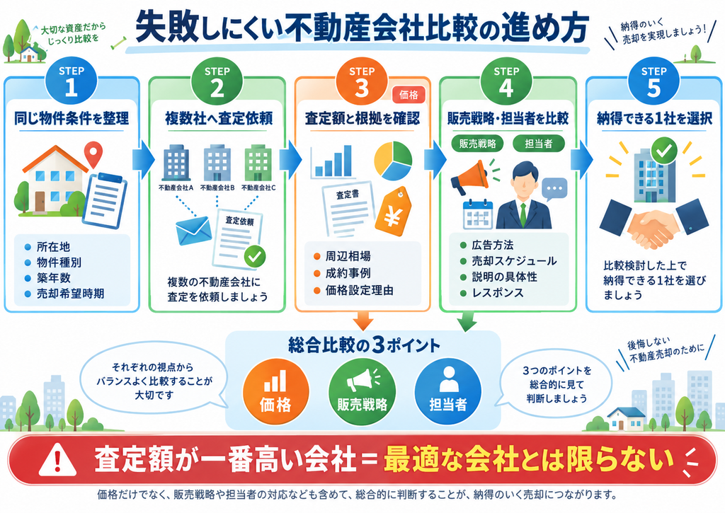 不動産会社選びを、条件整理・複数社への査定依頼・査定根拠の確認・販売戦略と担当者の比較・1社選択の5ステップで示した図。価格・販売戦略・担当者を総合比較し、査定額だけで判断しない重要性を強調している。