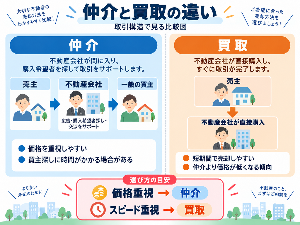 不動産売却における「仲介」と「買取」の取引構造を左右で比較した図。