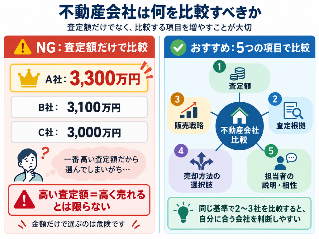 査定額だけで3社を比較する方法と、査定根拠・販売戦略・売却方法・担当者など5項目で比較する方法を対比した図。高い査定額だけで判断せず、同じ基準で複数項目を比較することの重要性を示している。
