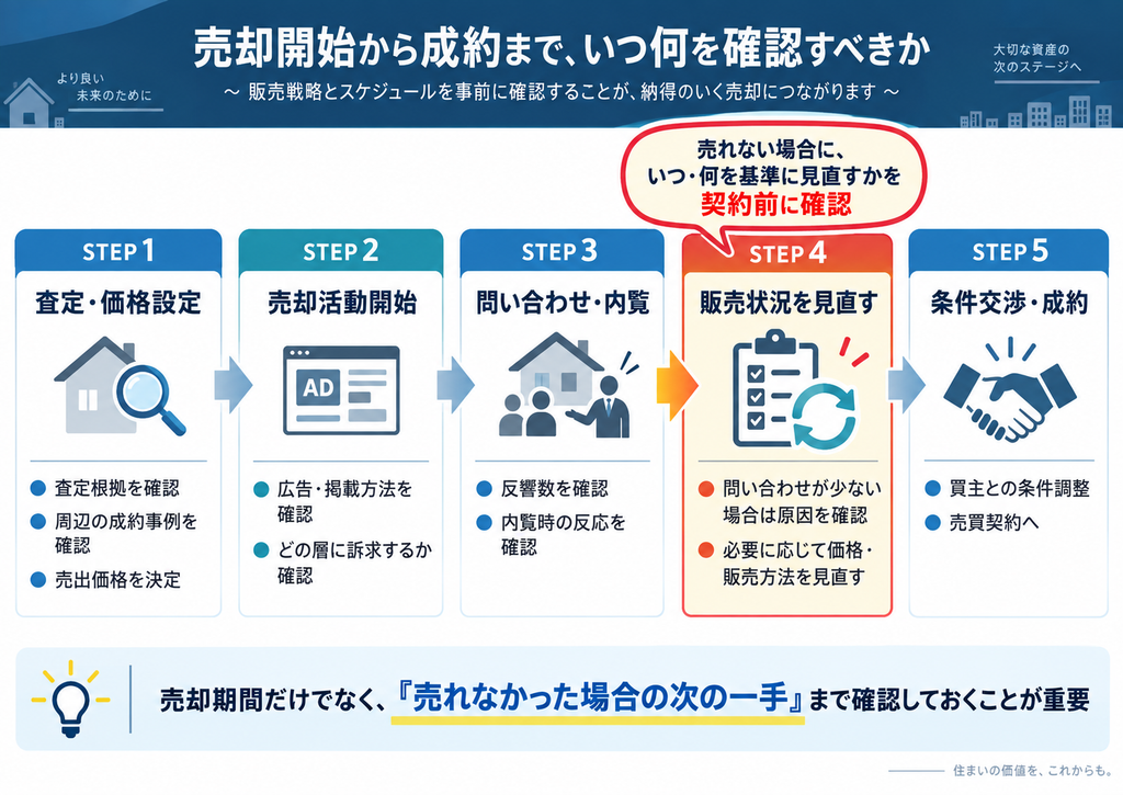 不動産売却を「査定・価格設定」から「条件交渉・成約」まで5段階で整理した図。特に販売状況の見直しを強調し、売れない場合にいつ・何を基準に次の対応を決めるか、事前確認の重要性を示している。