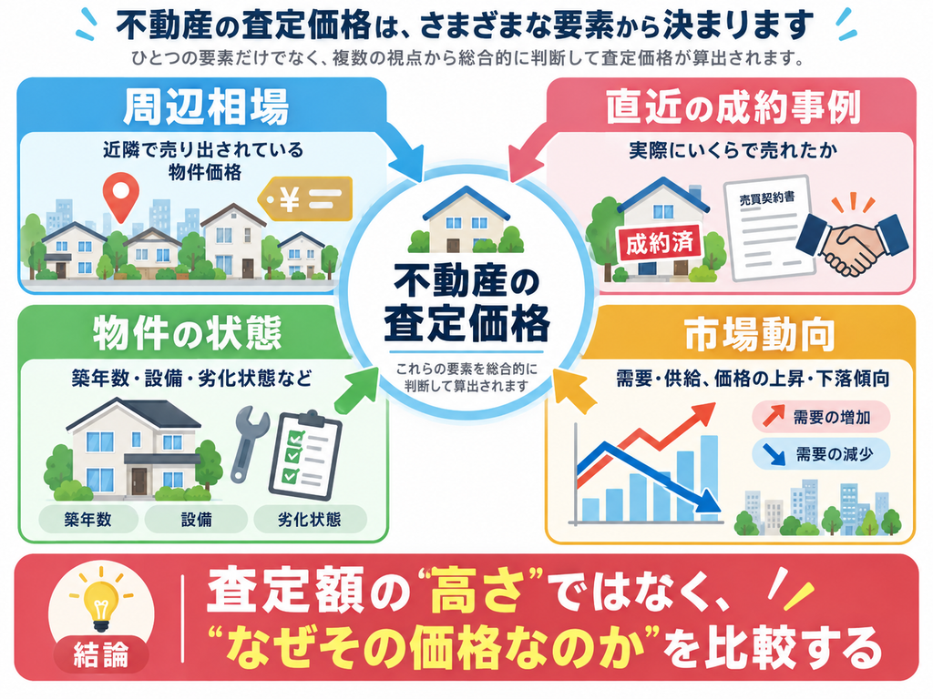 不動産の査定価格が、「周辺相場」「直近の成約事例」「物件の状態」「市場動向」の4要素から決まることを示した図。査定額の高さだけでなく、なぜその価格になったのかという根拠を比較する重要性を伝えている。