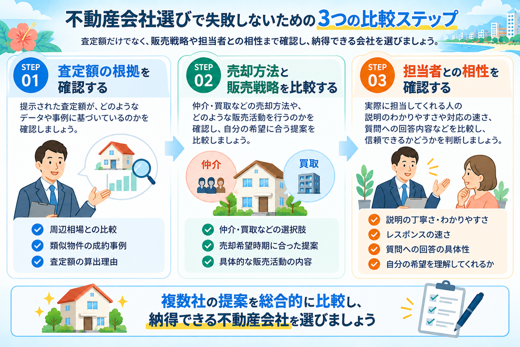 不動産会社を選ぶ際に、査定額の根拠・販売戦略・担当者との相性を3ステップで比較する流れを示した図解