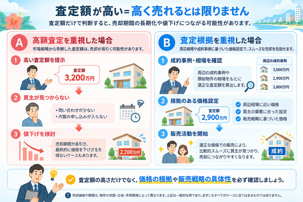 高額査定を重視した場合と査定根拠を重視した場合の売却活動の違いを比較し、価格設定の重要性を示した図解